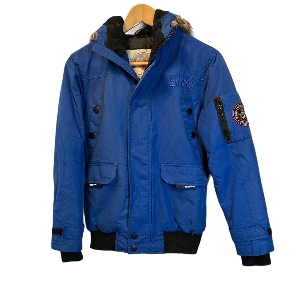 PINZAL TECHNICAL Cobalt Blue Short Faux Fur Trimmed Hood Winter Jacket Coat L